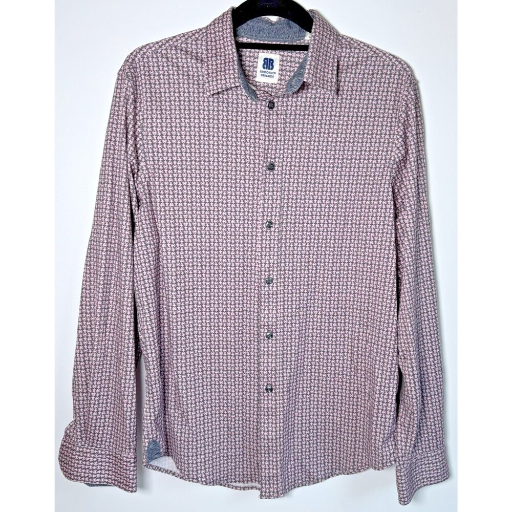 Brooklyn Brigade Shirt Mens Medium Gray Pink Crab Print Cotton‎ Nautical Coastal